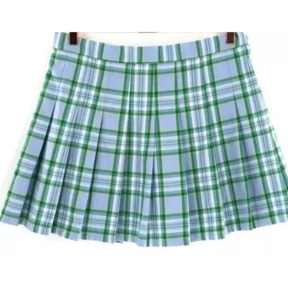 Aerie Class Act Blue & Green Pleated Plaid Mini Skirt SzM Schoolgirl Preppy NWT - Picture 1 of 6